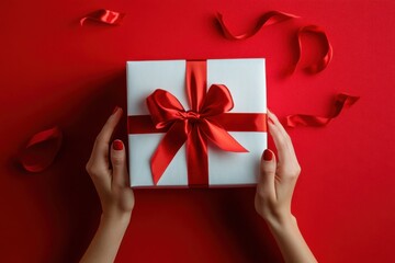 First person top view photo of woman's hands unpacking big white gift box with red satin ribbon bow on isolated red background