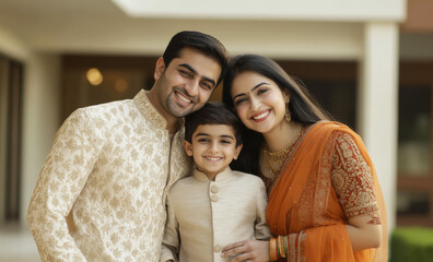 Wall Mural - Portrait of a happy Indian ethnic family in front of their house