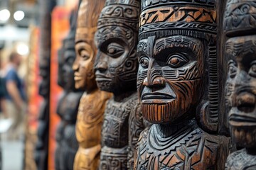 Wall Mural - Traditional maori tiki statues representing polynesian culture