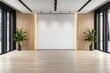 © Downloads - Bright and modern empty room interior with wooden floor and decor plants for product design showcase or commercial photo