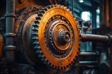 Poster - Close-up of industrial gears rotating in a complex machinery system