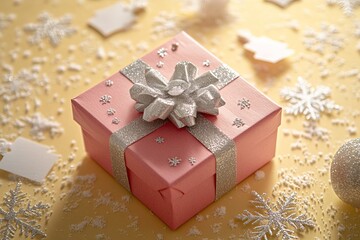 Wall Mural - new year composition close-up pink Christmas gift box with a shiny silver bow on a light yellow background with decorative snowflakes