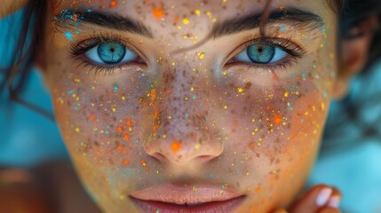 Wall Mural - close-up portrait of a young woman with colorful Holi powder on her face, her eyes sparkling with joy. Painterly style, vibrant colors