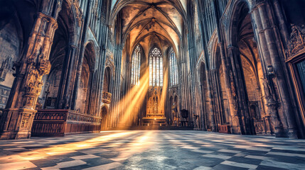 Wall Mural - Light rays streaming through a gothic cathedral at dusk create a captivating, serene atmosphere