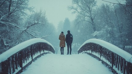 Poster - Couple Stands on Snow Covered Bridge in Winter