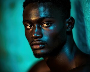 Sticker - A close-up portrait of a man, illuminated by teal light. AI.