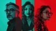 © bird_saranyoo - A collage featuring Hispanic filmmakers from different generations, posing against dynamic red and turquoise backdrops
