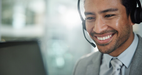 Poster - Customer service, call center and happy businessman in office for talking, online consulting and contact. Corporate, computer and person with headset for communication, CRM support and telemarketing