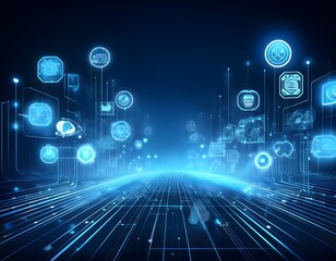 Wall Mural - abstract futuristic digital concept: glowing blue holograms of ai icons floating over a dark gradien