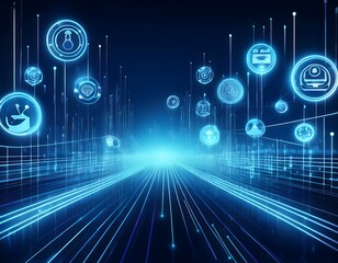 Wall Mural - abstract futuristic digital concept: glowing blue holograms of ai icons floating over a dark gradien