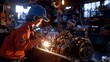 © Jolin - Mechanic in workshop inspecting car engine with flashlight, focusing on engine details, well-lit garage with tools and parts scattered around.