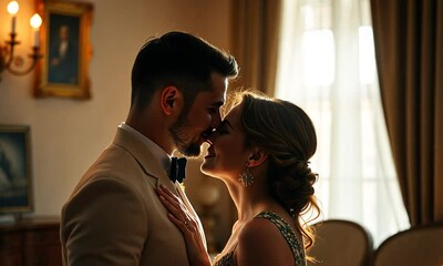 Wall Mural - couple gazing lovingly at each other in an elegant ballroom during an enchanting evening event