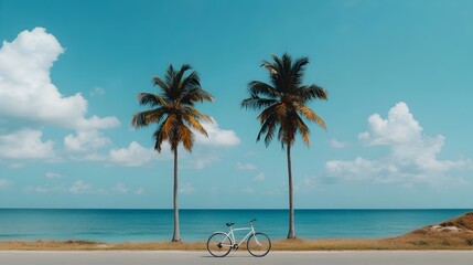 Wall Mural - Tranquil tropical beachside road winding through lush palm trees with a lone cyclist enjoying the peaceful scene and serene natural surroundings