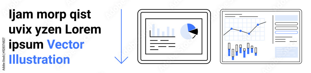 Tablet displaying pie chart and bar graph. Line graph and bar chart on ...