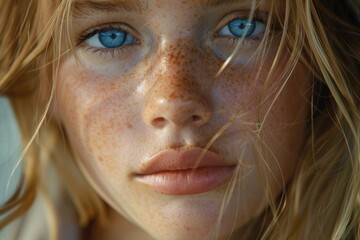 Poster - Freckles blonde woman portrait. close up  blue eyed girl  perfect skin