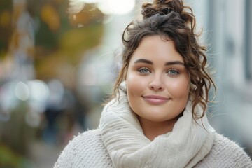 Wall Mural - plus size brunette woman looking at camera. beautiful chubby woman smiling