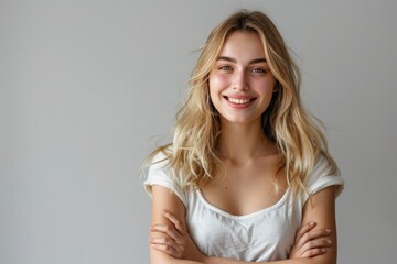 Wall Mural - Blonde woman with crossed arms smiling at camera.