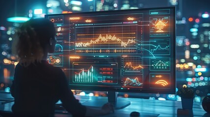 Poster - A modern workspace with a person working on a sleek computer, surrounded by glowing holographic charts and graphs showing audience demographics, behavioral insights, and market trends.