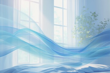 blue waves of fresh clean air in white bed room. Fresh scent and air filtration effect