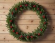 © Latsamee - Close-up of a Christmas wreath made of evergreen branches and holly on a wooden wall, winter season, holiday decor, holly decoration