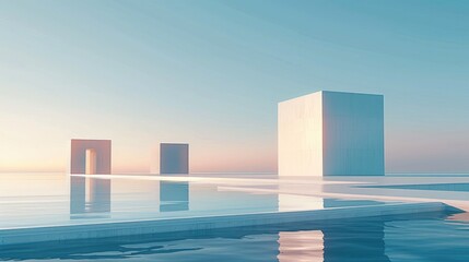 Aufkleber - A minimalist scene of three cube-shaped buildings on the horizon.