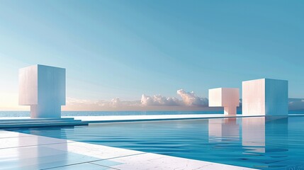 Aufkleber - A minimalist scene of three cube-shaped buildings on the horizon.
