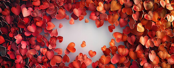 Poster - A background with lots of hearts, forming the shape and colors of a heart in red tones. The center is decorated with empty space for text. top view.