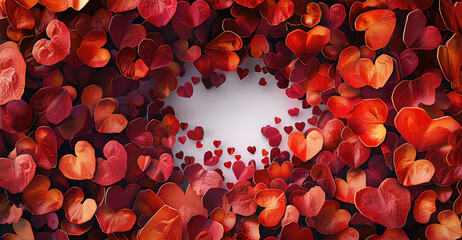 Poster - A background with lots of hearts, forming the shape and colors of a heart in red tones. The center is decorated with empty space for text. top view.