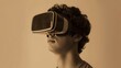 © P - A young man wearing opaque virtual reality goggles, with an expression of amazement