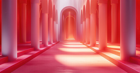 Aufkleber - The fashion show stage is designed with red wall and light pink floors, featuring an oversized gradient pattern of geometric shapes. The layout features steps leading to the center of the composition.