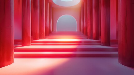 Aufkleber - The fashion show stage is designed with red wall and light pink floors, featuring an oversized gradient pattern of geometric shapes. The layout features steps leading to the center of the composition.