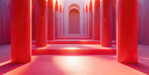 Aufkleber - The fashion show stage is designed with red wall and light pink floors, featuring an oversized gradient pattern of geometric shapes. The layout features steps leading to the center of the composition.