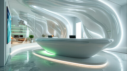Leinwandbilder - A futuristic reception area in a minimalist style with dominant smooth, streamlined shapes. The main element is the reception desk.