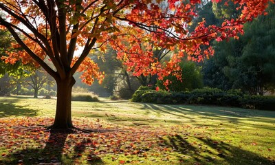 Wall Mural - autumnal serenity: a majestic maple tree bathed in golden sunlight