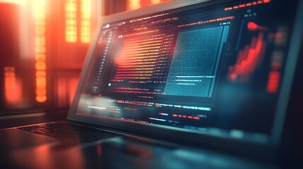 A close-up of the screen on an open laptop, displaying lines of code from a software development workspace