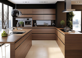 Wooden modern minimalist kitchen scandinavian style in large house.Macro.AI Generative.