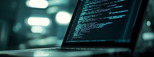 A close-up of the screen on an open laptop, displaying lines of code from a software development workspace
