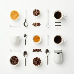Leinwandbilder - Flat lay showcases various coffee cups, spoons, and coffee beans, set against a clean background perfect for adding text or branding. Generative AI