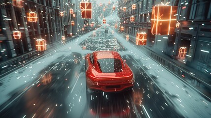 Poster - A red car was driving on the city coastal highway. The streets were full of Christmas decorations, the road was empty, and many transparent gift boxes were floating in the sky.