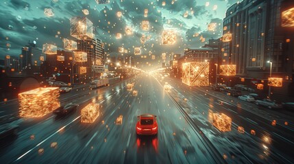 Poster - A red car was driving on the city coastal highway. The streets were full of Christmas decorations, the road was empty, and many transparent gift boxes were floating in the sky.
