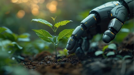 Poster - A robotic hand planting a seedling in soil, representing innovation in technology, natural outdoor setting with soft light.