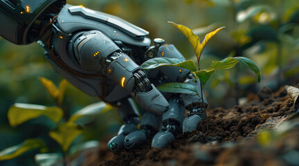 Poster - A robotic hand planting a seedling in soil, representing innovation in technology, natural outdoor setting with soft light.