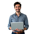 © Nour Studio - Businessman Holding Laptop, Smiling While Engaging with Media and Sharing Content Online, PNG format