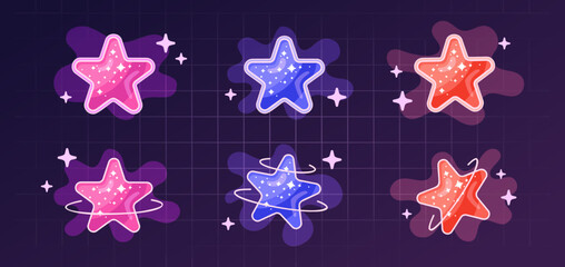 Wall Mural - glowing star stickers, y2k shapes with frames, stars, planets, spacial elements and liquid moving th