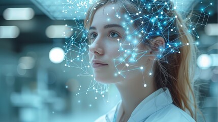 Wall Mural - A female doctor with a neural network of artificial intelligence in the background, white pale blue pale green.