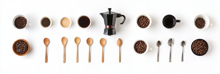 Poster - Coffee beans, various cups, wooden spoons, and a coffee maker are arranged for preparing delicious coffee in a cozy setting. Generative AI