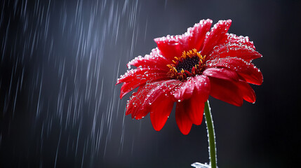 Dew-kissed red flower stands gracefully under gentle rain against a dark background. Generative AI