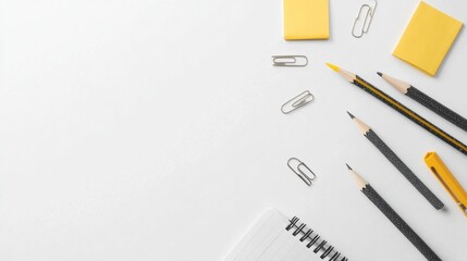 Aufkleber - A collection of office supplies including pens, pencils, paper clips, sticky notes, and a notebook, set against a blank background. Generative AI