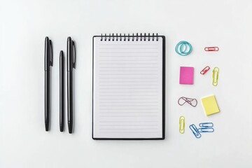 Poster - Neatly arranged pens, a blank notebook, and various colorful office supplies create an inviting workspace for writing and planning. Generative AI