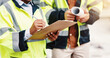 © C. Davids/peopleimages.com - People, clipboard or hands with architect for checklist, inspection or construction planning in city. Closeup, civil engineer or contractors with document for building layout, project or safety check